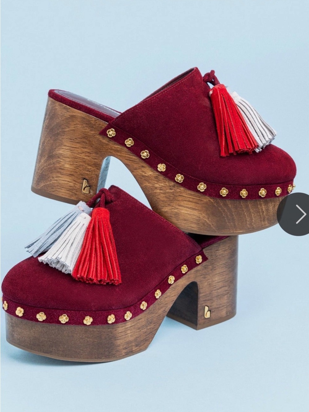 Larroudé Miso Wooden Tassel Platform Clog in Burgundy Suede